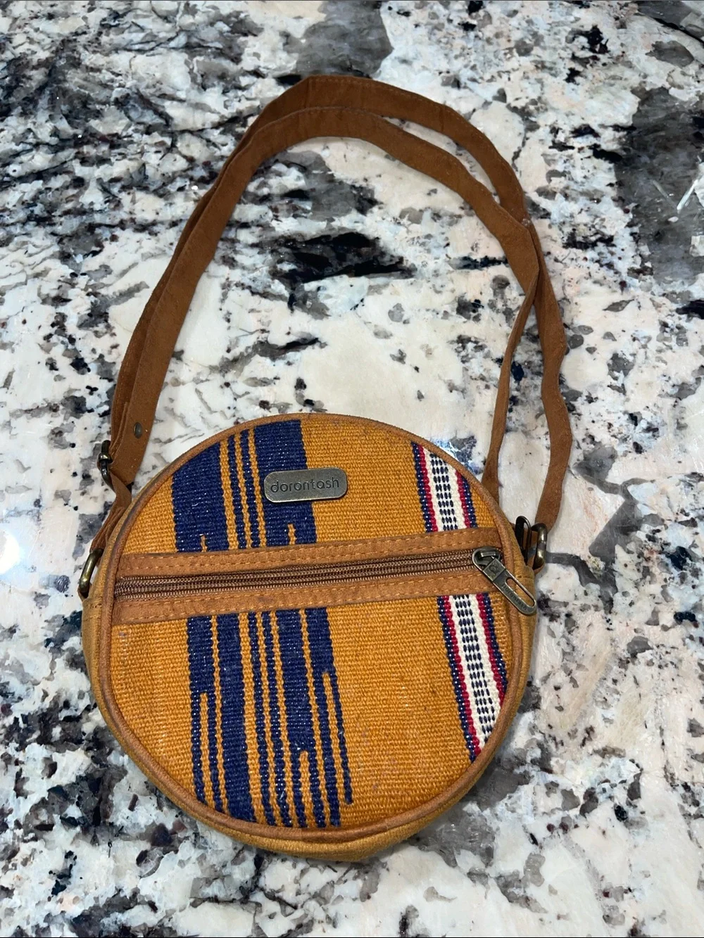 Round Woven Crossbody Bag in Tan with Blue Accent/ 100% handwoven